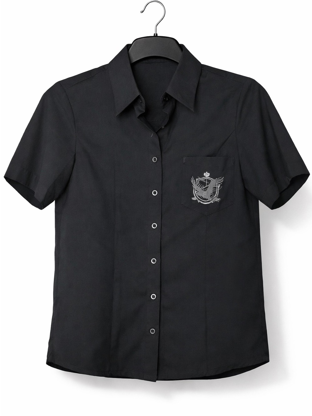 Black Short-Sleeve Button-Down Shirt with Pocket Crest